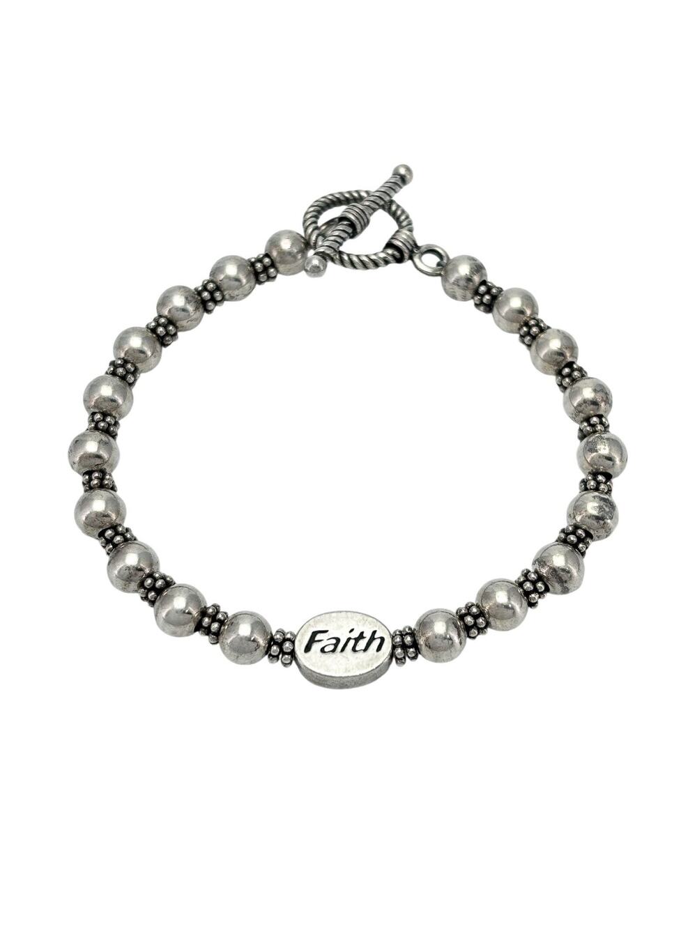 Vintage Sterling Silver 925 Beaded "Faith" Toggle Bracelet 7.25"